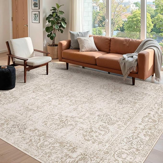 Rugxara 6x9 Washable Area Rug for Living Room, Vintage Neutral Large Boho Rugs for Office, Dining Room, Kids Room, Farmhouse, Durable Low Pile Non Slip Carpet for High Traffic Areas, Light Bown