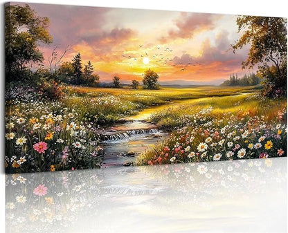 crmotu Country Landscape Wall Art, Riverside Wildflower Daisy Large Artwork, Vibrant Rural Canvas Art Prints, Sunset Aesthetic Rustic Farmhouse Wall Decor Living Room Bedroom Dining Room 24X48 In
