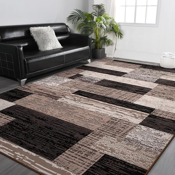 FlyDOIT Modern Geometric Patchwork Area Rug, 5x8 Chocolate Large Rugs for Living Room, Rockwood Collection Indoor Rugs for Bedroom, Throw Carpet Floor Decor for Entryway Dining Room Office Nursery