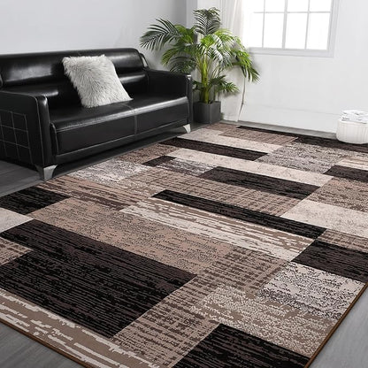 FlyDOIT Modern Geometric Patchwork Area Rug, 9x12 Chocolate Large Rugs for Living Room, Rockwood Collection Indoor Rugs for Bedroom, Throw Carpet Floor Decor for Entryway Dining Room Office Nursery