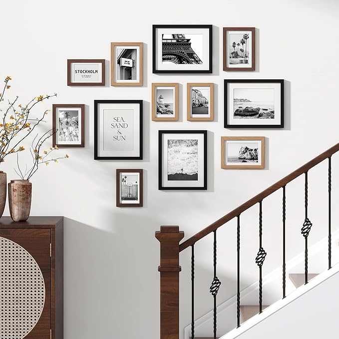 Venusmiles 12 Pack Picture Frames Collage Wall Decor, Gallery Frame Set for Wall Mounting or Tabletop Display, Multi Sizes Including 4pcs 8x10, 4pcs 5x7, 4pcs 4x6, Black+Oak+Walnut