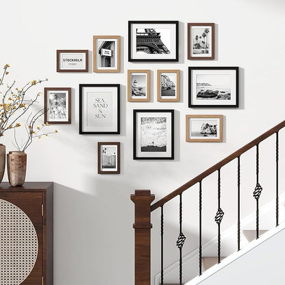 Venusmiles 12 Pack Picture Frames Collage Wall Decor, Gallery Frame Set for Wall Mounting or Tabletop Display, Multi Sizes Including 4pcs 8x10, 4pcs 5x7, 4pcs 4x6, Black+Oak+Walnut