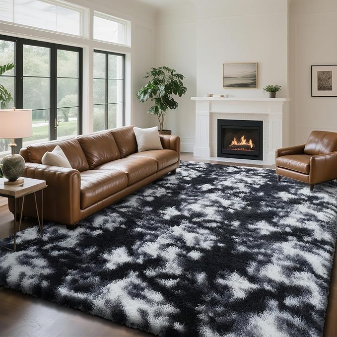 yongyangjuxin Fluffy Rug Shag Area Rug, Mottling Black 8x10 Area Rugs for Living Room, Large Shag Area Rugs for Bedroom Kids Room Home Decor, Upgrade Anti-Skid Rectangular Fuzzy Rugs
