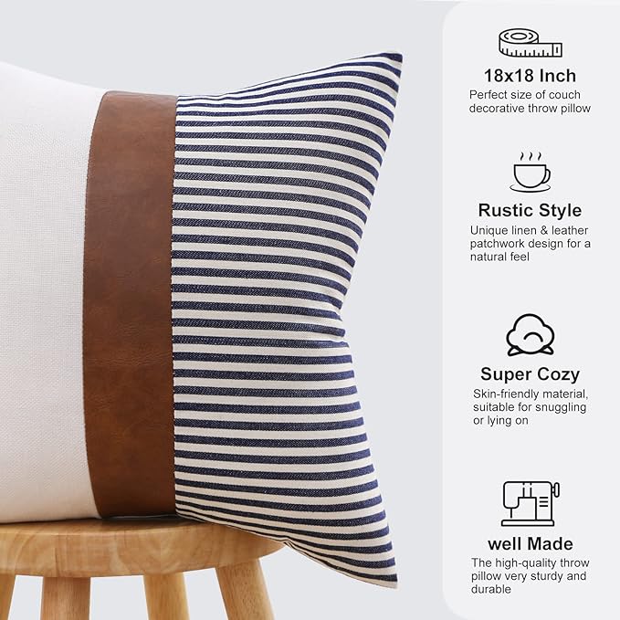 Mecatny Set of 2 Faux Leather Throw Pillows 18x18 with Inserts, Boho Striped Farmhouse Outdoor Pillows, Decorative Accent Cushions for Couch, Patio & Living Room, Navy