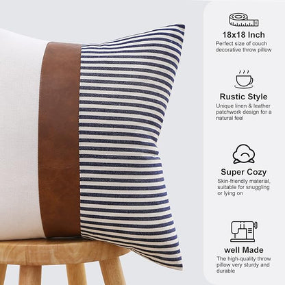 Mecatny Set of 2 Faux Leather Throw Pillows 18x18 with Inserts, Boho Striped Farmhouse Outdoor Pillows, Decorative Accent Cushions for Couch, Patio & Living Room, Navy