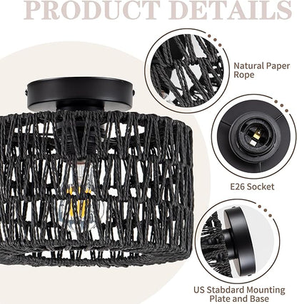 Rpzloila Rattan Ceiling Light, 1 Light Farmhouse Woven Flush Mount Ceiling Light, Boho Light Fixture for Bedroom Living Room Hallway Entryway, Black Finish