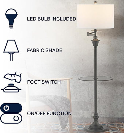 JONATHAN Y 60" Black Floor Lamp with Integrated Glass Side Table, Modern Swing Arm Standing Lamp for Living Room, White Linen Shade, LED Bulb Included (JYL3055D)