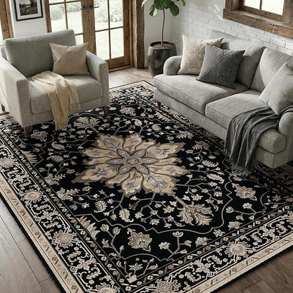 RELEANY Area Rugs 6'x8' Washable Non-Slip, Floral Vintage Distress Print Pattern Medallion Carpet for Living Room Bedroom Dining Room, Black Brown Neutral Dark Tan