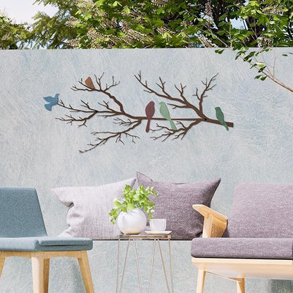 ESTART Metal Birds Wall Art, Metal Vivid Birds on Branch Silhouette Wall Decor Leaves with Bird Outdoor Hanging Wall Sculpture for Living room Bedroom Balcony Garden (Colorful, Large)
