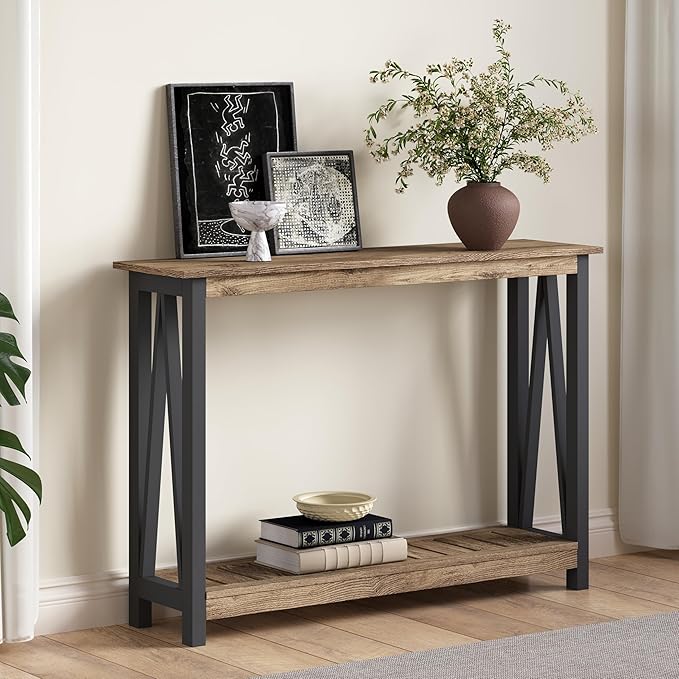 ChooChoo Farmhouse Console Table, Rustic Vintage Narrow Sofa Table for Entryway, Living Room, Hallway, 40 Rustic Oak & Black