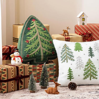 Phantoscope Merry Christmas Tree Decorative Throw Pillow, Velvet Beads Embroidery 3D Shaped Cushion, Green, 18 x 14 in