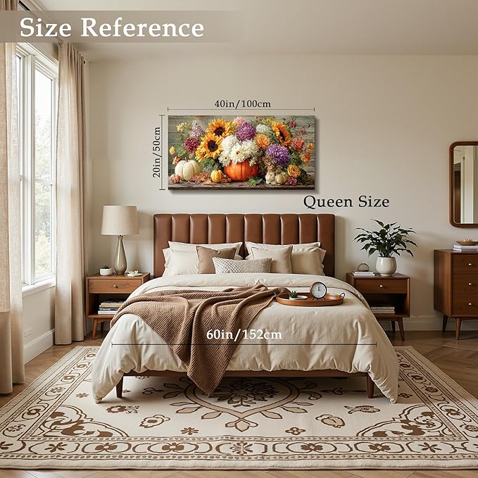 imjiayu Floral Wall Art, Large Wall Art, Rustic Wall Decor, Autumn Pumpkin Painting Prints, Flowers Still Life Pictures for Living Room Bedroom Kitchen Dining Room Farmhouse Home Decorations 20"x40"