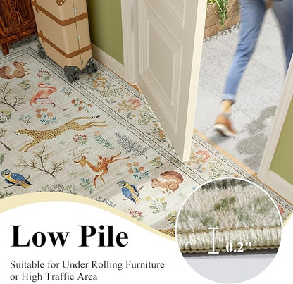 DUKINO 3x10 Washable Runner Rug for Hallway, Lightweight Loog Kitchen Rug with Low Pile Design, Vintage Animal Non Shedding Thin Indoor Carpet for Entryway, Bathroom, Bedroom, Laundry Room, Beige