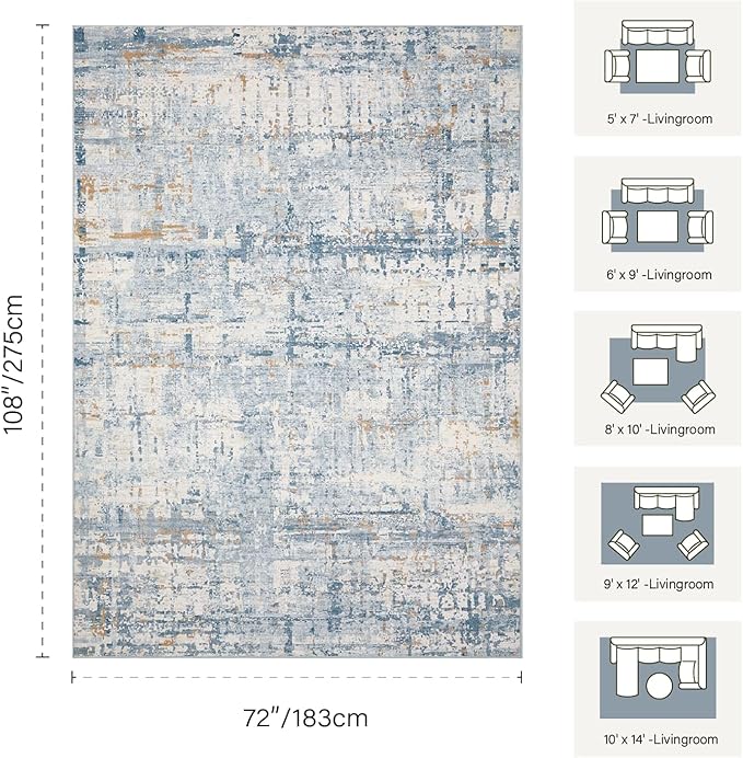 Rugxara 6x9 Washable Area Rug for Living Room, Modern Abstract Large Boho Rugs for Office, Dining Room, Kids Room, Farmhouse, Durable Low Pile Non Slip Carpet for High Traffic Areas, Blue Beige