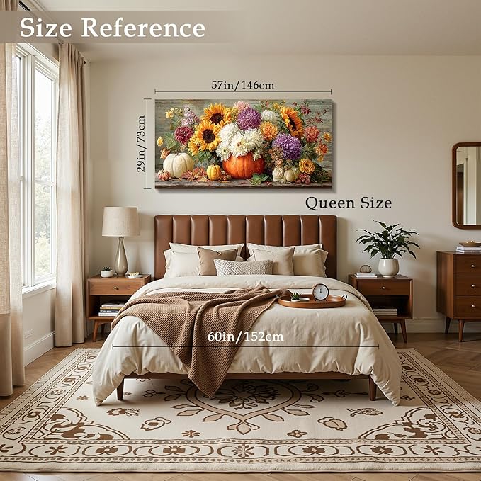 imjiayu Floral Wall Art, Oversized Wall Art, Large Wall Decor, Sunflower Dahlia Painting Art Prints, Autumn Pumpkins Harvest Rustic Pictures for Living Room Dining Room Farmhouse Decorations 29"x57"