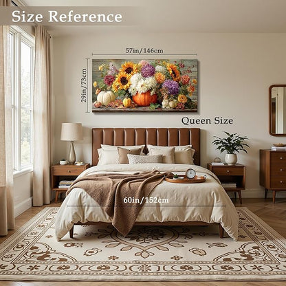 imjiayu Floral Wall Art, Oversized Wall Art, Large Wall Decor, Sunflower Dahlia Painting Art Prints, Autumn Pumpkins Harvest Rustic Pictures for Living Room Dining Room Farmhouse Decorations 29"x57"
