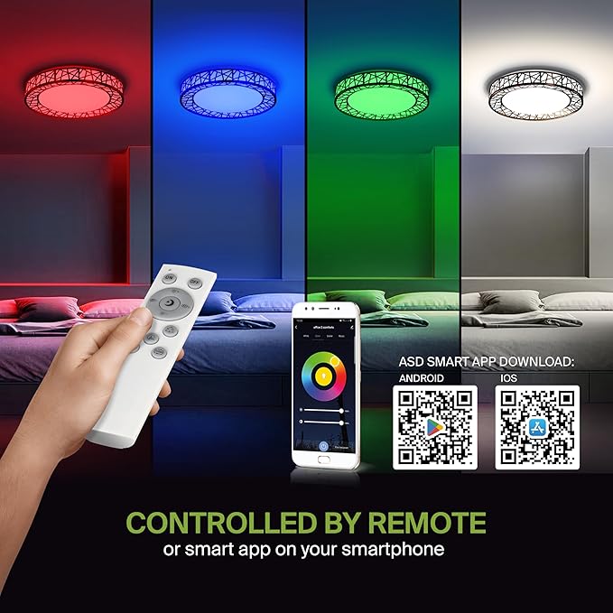 ASD 12 Inch Smart RGBW Flush Mount Ceiling Light with Remote - Matte Black 20W 120V 2700-6500K Dimmable Ceiling Light Fixture, WiFi App Control RGB Lights, Alexa & Google Assistant - ETL, 4 Pack