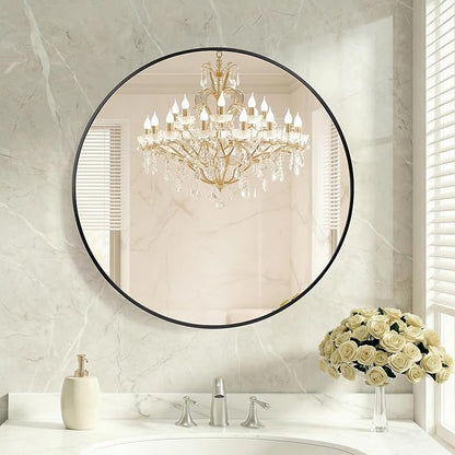 DUMOS 30 Inch Round Wall Mirror, Bathroom Mirror with Metal Frame, HD Reflection Shatterproof Glass Vanity Mirror, Decor for Bathroom Vanity Bedroom Entryway, Black