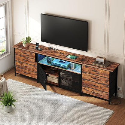 RALGEND 75/80/85 Inch TV Stand with Storage, TV Stands for Living Room, Long TV Stand with 8 Fabric Drawers, 71" Large Entertainment Center TV Console with Mesh Door, Rustic Brown