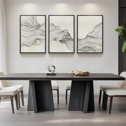 Large Framed Black and Beige Neutral Abstract Wall Art for Living Room, 3 Piece Modern Canvas Prints Paintings Artwork for Walls, Minimalist Lines Pictures for Hallway Stair Office Wall Decor 24x36 In
