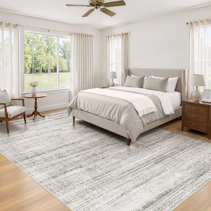 9x12 Area Rug Living Room: Washable Large Neutral Soft Rug Farmhouse Stain Resistant Indoor Non-Slip Floor Carpet for Bedroom Nursery Kids Playroom Office Dining Room Dorm- Gray Brown