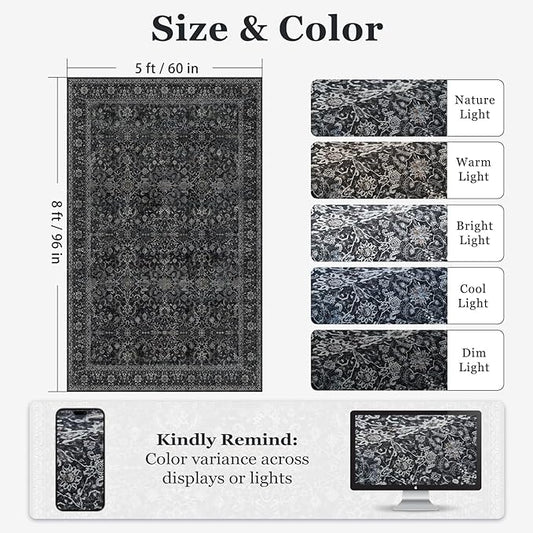 Washable Dark 5x8 Area Rugs, Vintage Farmhouse Earth Tone Carpet for Living Room Bedroom, Low Pile Thin Rug with Non Slip Rubber Backing for Dining Room Kitchen Home Office