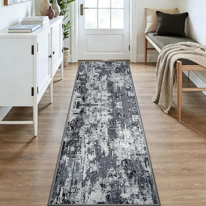 RELEANY Washable Area Rugs 3x9 Non-Slip Modern Abstract Soft for Living Room Entryway Bedroom Nursery, Print Pattern, Black Navy Blue Gray