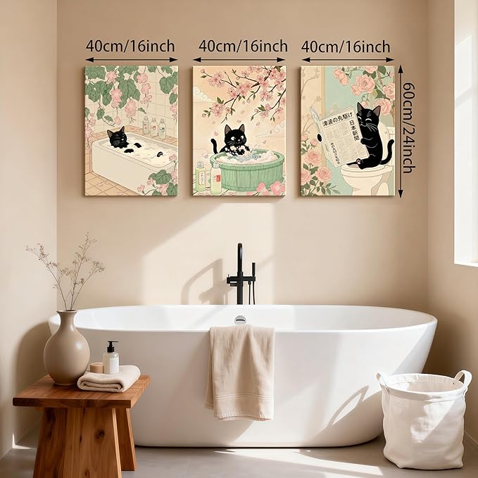WENGTIAO Japanese Bathroom Wall Art Set of 3 Funny Black Cat Wall Paintings Cute Japan Cat Prints Pictures Animal on Toilet Photo Home Decor for Bathroom Restroom Laundry Room 16”x24”x3