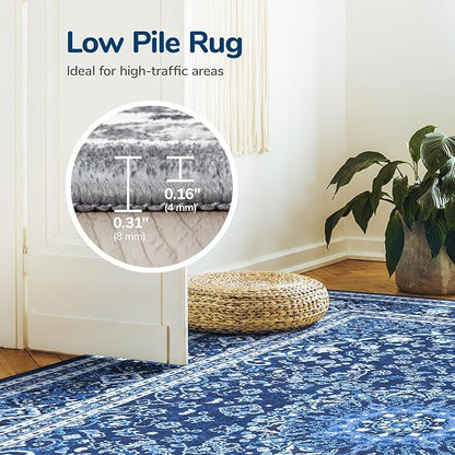 Lessymo 2 x 6 Runner Rug- Machine Washable Area Rugs Boho Faux Wool Low Pile Area Rug for Bedroom, Floral Medallion Vintage Rugs with Non-Slip Rubber,Blue White