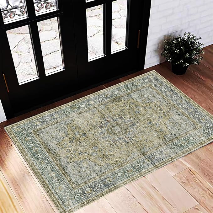 CHAMPLANT Washable Area Rug 2'x3' Door Mat Vintage Distressed Doormat Indoor Entrance Traditional Thin Rug Floral Print Non Slip Carpet for Kitchen Bathroom Bedroom Living Room