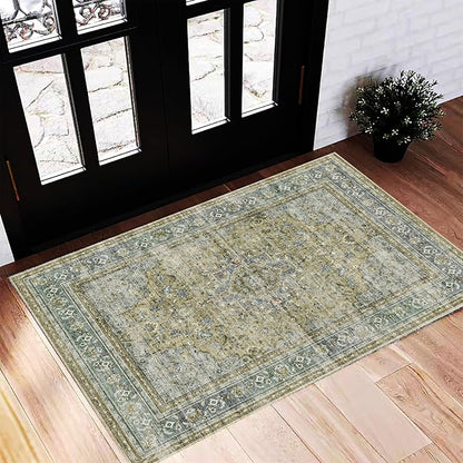 CHAMPLANT Washable Area Rug 2'x3' Door Mat Vintage Distressed Doormat Indoor Entrance Traditional Thin Rug Floral Print Non Slip Carpet for Kitchen Bathroom Bedroom Living Room