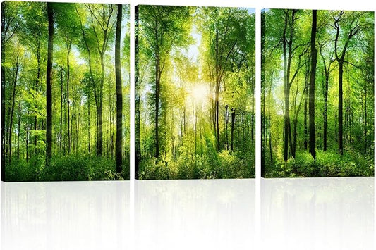 HLJ ART Forest Wall Art: 3 Panel Green Tree Pictures Canvas Wall Art, 20x30 Inch, Sunrise Prints Scenery Wall Art Hanging Wall Mural Nature Art Wall Decor for Bedroom, Living Room, Office