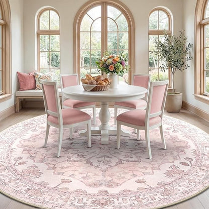 RELEANY Area Rugs Round 10ft Washable Non-Slip, Floral Vintage Distress Print Pattern Medallion Carpet for Living Room Bedroom Dining Room, Pink Greypink Cute