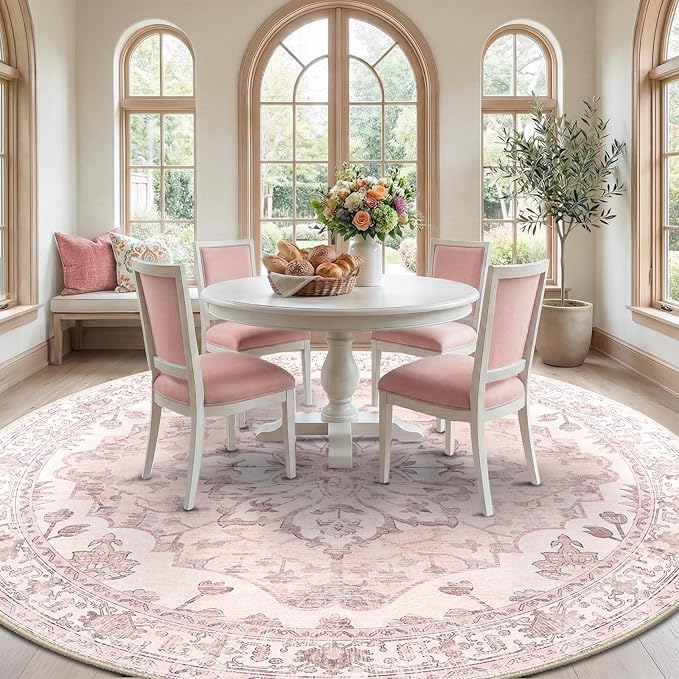 RELEANY Area Rugs Round 8ft Washable Non-Slip, Floral Vintage Distress Print Pattern Medallion Carpet for Living Room Bedroom Dining Room, Pink Greypink Cute