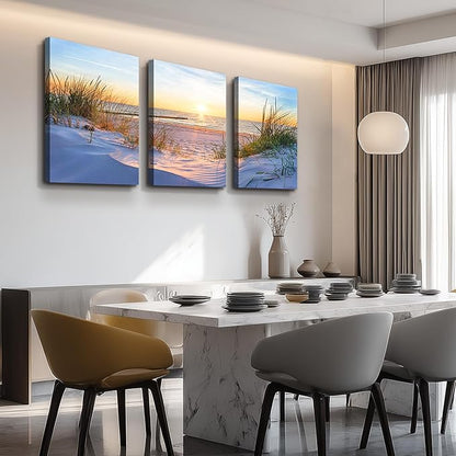 MHARTK66 Large Canvas Wall Art For Bedroom Wall Decor For Living Room Modern Office Pictures Wall Artwork Blue Sun Beach Grass Ocean Landscape Paintings Canvas Art Prints Home Decorations 3 piece