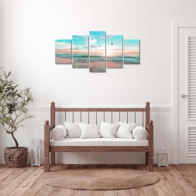 EPHANY Abstract Ocean Beach Wall Art - Blue Sea Landscape, Office Wall Decor, 5pcs (40"x20")