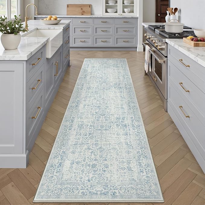 PureCozy Blue Runner Rug 2x5 Hallway Machine Washable Kitchen Vintage Distressed Non Slip Long Carpet Indoor Retro Floral Bedroom Accent Throw Rug for Bathroom Office Laundry Dining Room