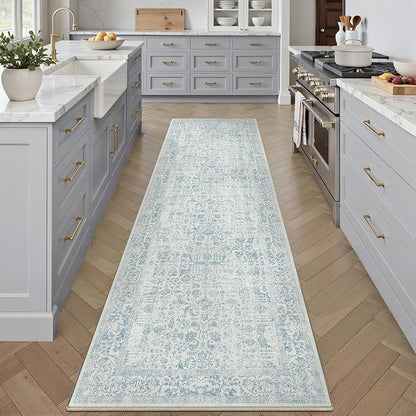 PureCozy Blue Runner Rug 2x5 Hallway Machine Washable Kitchen Vintage Distressed Non Slip Long Carpet Indoor Retro Floral Bedroom Accent Throw Rug for Bathroom Office Laundry Dining Room