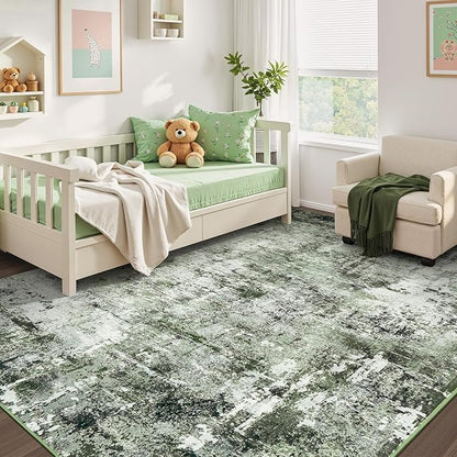 Rugflix 5x7 Area Rugs for Living Room, Washable Large Rug Stain-Resistant Low Pile, Modern Dark Carpet for Dining Room Home Office Kid Room Nursery Bedroom, Dark Green