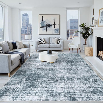 8x10 Area Rugs Washable Rug:Anti-Skid Abstract Modern Living Room Rug Soft Thin Carpets Indoor Floor Non-Shedding Carpet for Bedroom Dining Farmhouse Nursery Home Office(Light Slate Blue/White, 8x10)