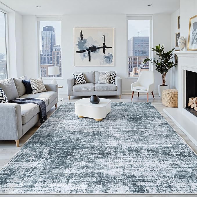 5x7 Area Rugs Washable Rug:Anti-Skid Abstract Modern Living Room Rug Soft Thin Carpets Indoor Floor Non-Shedding Carpet for Bedroom Dining Farmhouse Nursery Home Office(Light Slate Blue/White, 5x7)