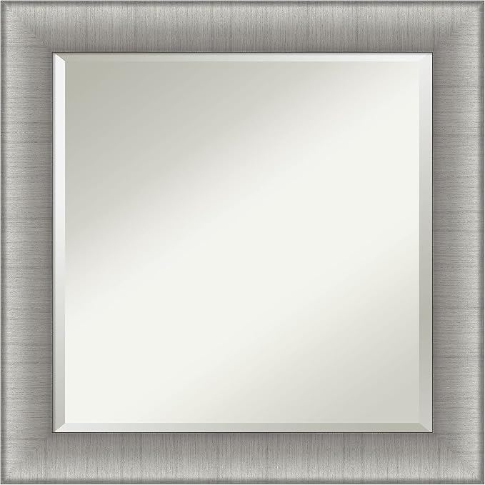 Amanti Art Silver Bathroom Mirror for Over Sink, 25x25 Elegant Brushed Pewter Square Vanity Mirror, Medium Casual Frame, Hangs Horizonally and Vertically, Bathroom Wall Decor, Beveled Edge