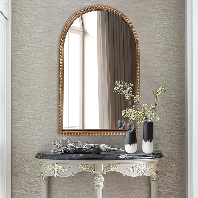 BAODANFU Traditional Wall Mirror Vintage Gold, 24" x 40" Tall Narrow Arch Antique Beaded Frame Decorative Accent Vanity Wall Decor, Arched Vertical Mirrors for Bathroom, Living Room, Entryway