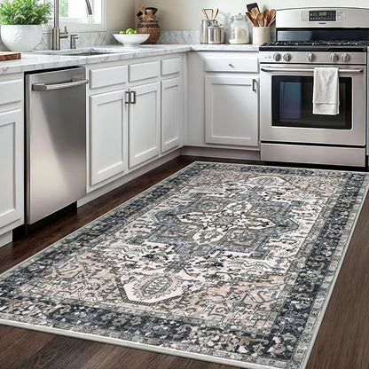 KOZYFLY Area Rug 4x6 Ft Washable Rugs for Entryway Non Slip Faux Wool Printed Throw Rug for Kitchen Bedroom Hallway Living Room Indoor Floor Decoration, Black/Taupe/Beige
