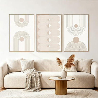 SAFERRYHOME Boho Abstract Wall Art Set of 3, Mid Century Neutral Framed Canvas Print Beige Modern Wall Decor, Geometric Line Artwork for Living Room Bedroom Office,Ready to Hang, 16"x24"