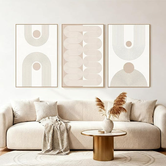 SAFERRYHOME Boho Abstract Wall Art Set of 3, Mid Century Neutral Framed Canvas Print Beige Modern Wall Decor, Geometric Line Artwork for Living Room Bedroom Office,Ready to Hang, 16"x24"