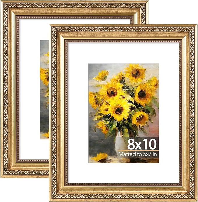 JCJMY 8x10 Vintage Picture Frame with 5x7 Mat Set of 2, Elegant Retro 8 by 10 Photo Frame with Shatter-Resistant Plexiglass for Wall or Tabletop Display, Gallery Decor & Gift, Gold, 2 Pack
