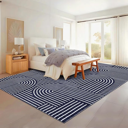 ROYHOME Washable Rug 9x12 Area Rugs for Living Room, Abstract Rug for Bedroom, Soft Rainbow Non Slip Throw Rugs with Rubber Back, Low Pile Stain Resistant Boho Geometric Carpet for Dining Room, Blue