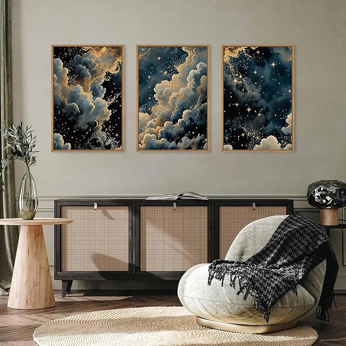HPNIUB Dreamy Starry Night Sky Framed Wall Art Set,Moody Celestial Wall Decor,Modern Abstract Manimalist Gothic Printing,Natural Stars Illustrations Artwork for Living Room, Bedroom,Office-16''x24''x3