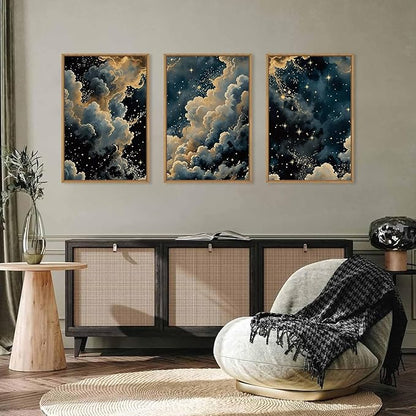 HPNIUB Dreamy Starry Night Sky Framed Wall Art Set,Moody Celestial Wall Decor,Modern Abstract Maximalist Gothic Printing,Natural Stars Illustrations Artwork for Living Room, Bedroom,Office-24''x36''x3